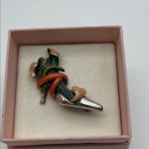 Kenneth Jay Lane Silver Brooch with Green and Orange Enamel